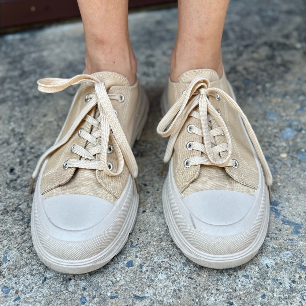 Tan Sneakers with White Rubber Soles size 10